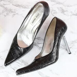 Steve Madden Terrah Black Croc Leather Silver Stiletto Pointy Toe Heels Size 8B